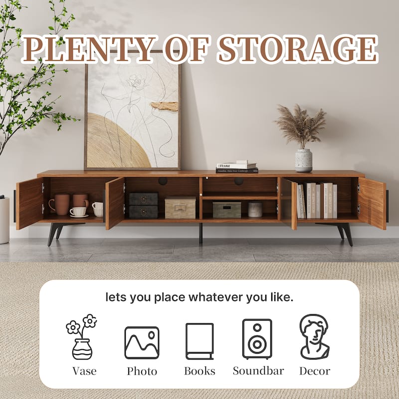 79" Mid-Century Modern Ribbed Wood TV Stand with Storage Cabinets and Glass Shelf – Entertainment Center Fits 85" TVs