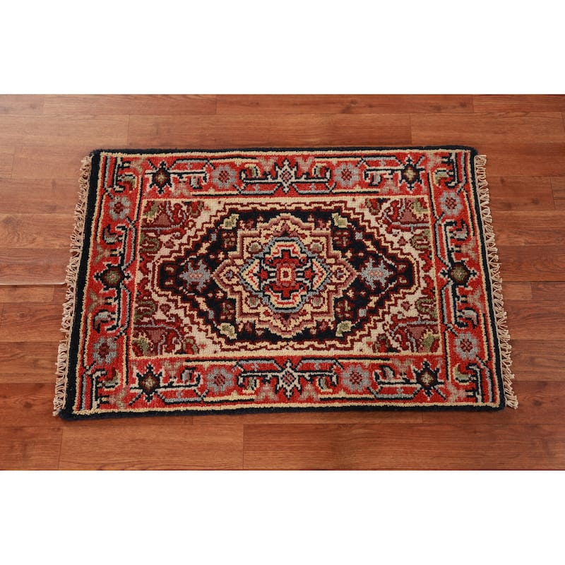 Dark Blue Geometric Heriz Serapi Foyer Rug Hand-Knotted Wool Carpet - 2'0" x 3'0"
