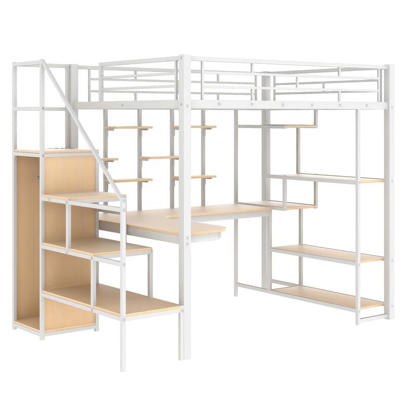 Full Size Metal Loft Bed with Storage Staircase, Built-in Desk, Wardrobe, and Shelves, White