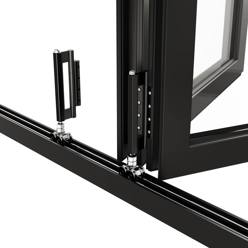 KaMic 192"×96" 6 Panels Aluminum Folding Door In Black,Folded Out From Dual Open Model #:FD6PBK19296-DO