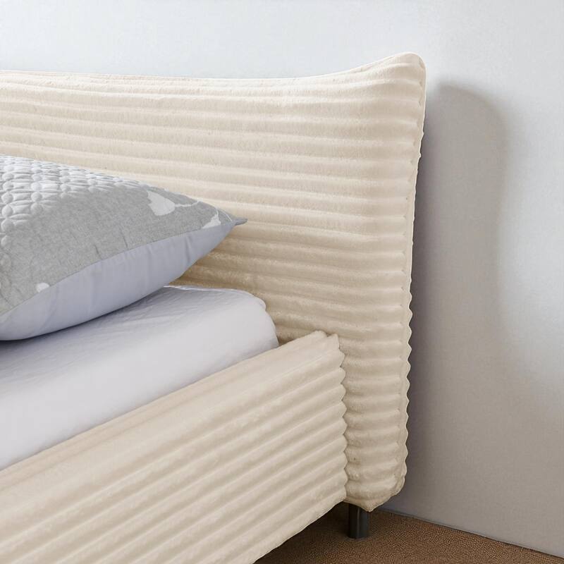 Queen Size Upholstered Velvet Platform Bed with Curved Headboard, Solid Wood Frame, No Box Spring Needed