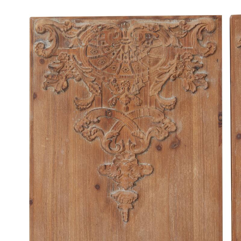 Brown Wood Carved Antefix Floral Home Wall Decor (Set of 3)