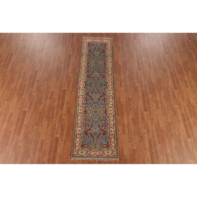 Light Blue Floral Oushak Indian Runner Rug Handmade Wool Carpet - 2'6"x 9'6"