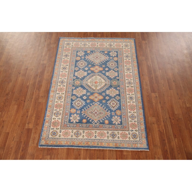 Blue Geometric Kazak Oriental Area Rug Handmade Wool Carpet - 4'0"x 5'10"