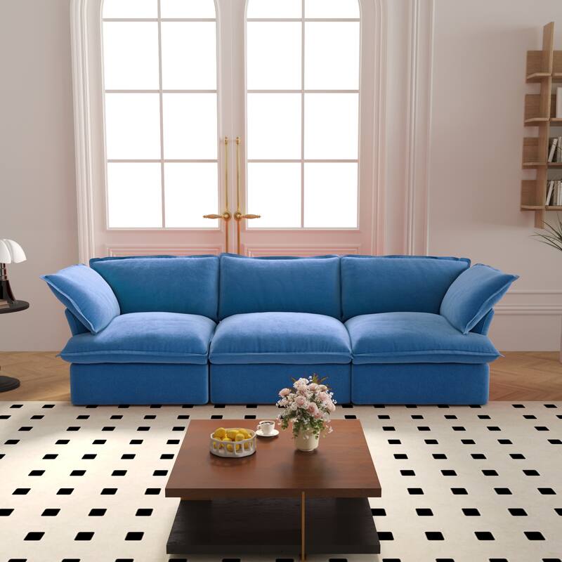 3-Seater Velvet Cloud Sectional Sofa, Down Feather Wide Deep Seat Modular Couch - Blue