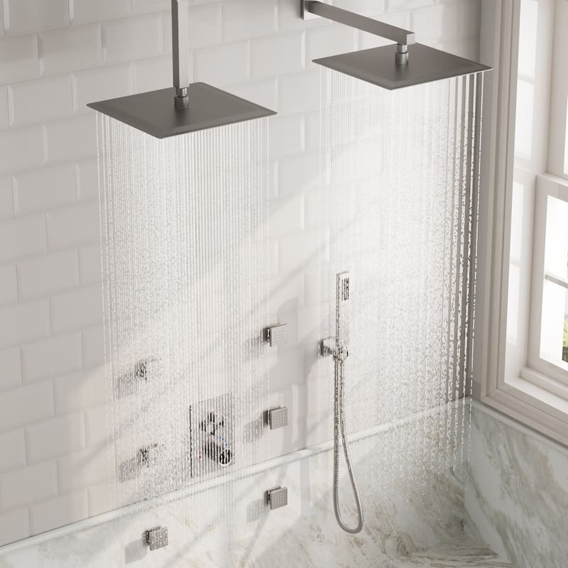 GRANDJOY Thermostatic Shower System Rainfall Dual Shower Heads 12 inch Ceiling and Wall Mount Body Jets Handheld Spray Combo