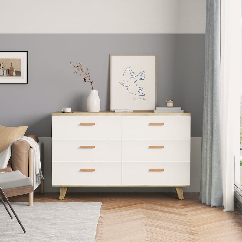 Classic White Oak Solid Wood 6-drawers Entryway Storage Cabinet