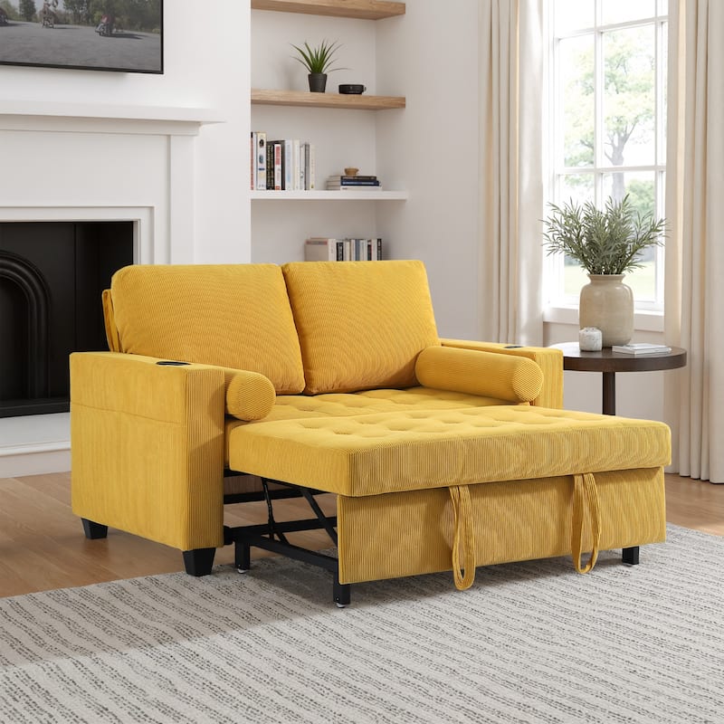 Corduroy Pull-Out Chair Bed Adjustable Recline Convertible Sleeper Sofa - Yellow