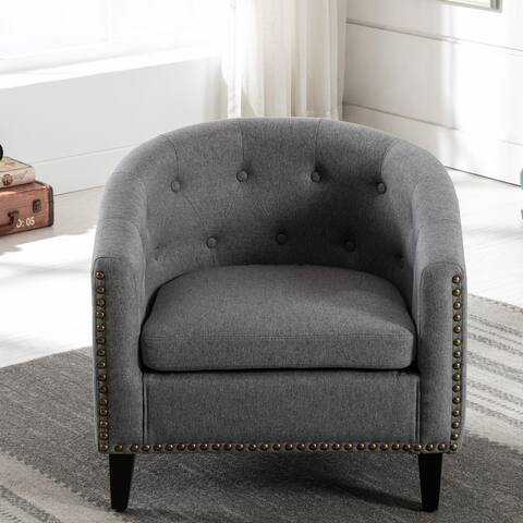 Chesterfield-Inspired Tufted Barrel Chair with Solid Wood Frame, Grey+Linen