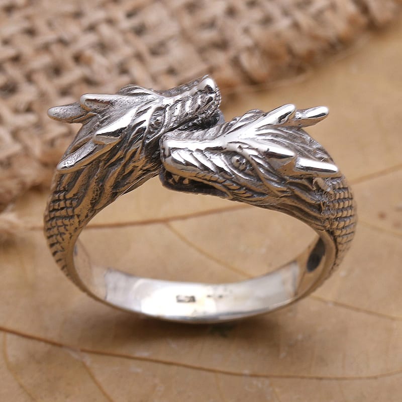 Novica Handmade Dragon Romance Men'S Sterling Silver Wrap Ring
