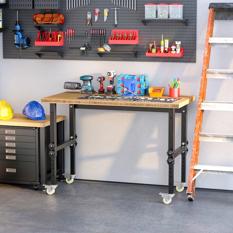 HOMCOM 47" Mobile Project Workbench Station with Height Adjustable Legs and Bamboo Tabletop, Black/Natural - Nature Wood, Black