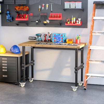 HOMCOM 47" Mobile Project Workbench Station with Height Adjustable Legs and Bamboo Tabletop, Black/Natural