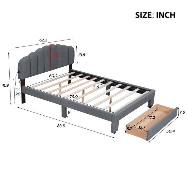 Queen Size Upholstered Platform Bed with Storage Drawer, LED Lights, and USB Ports