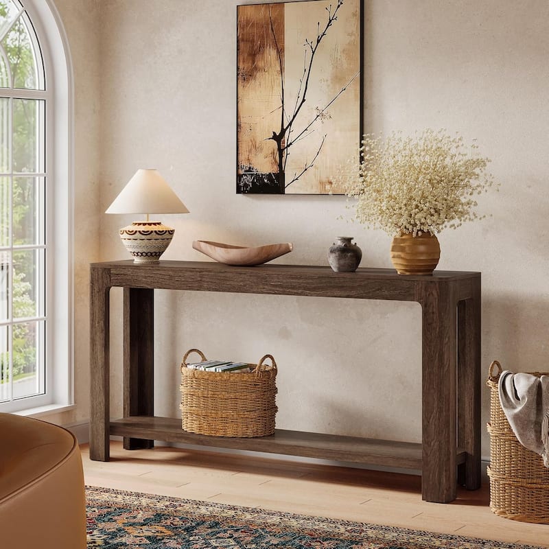 63 Inches Brown Engineered Wood Console Table, 2-Tier Behind Couch Sofa Table for Living Room - 62.99" L x 13.77" W x 31.49" H