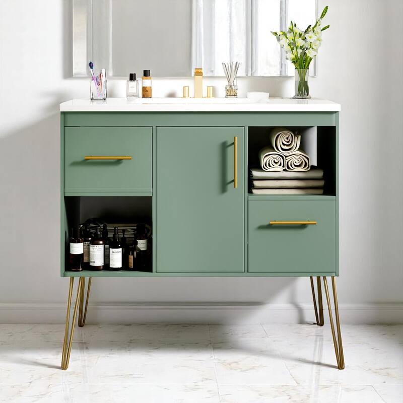 Modern 36 Inch Bathroom Cabinet with Sink, Freestanding Vanity Set with Storage & Soft-Close Drawers - Green
