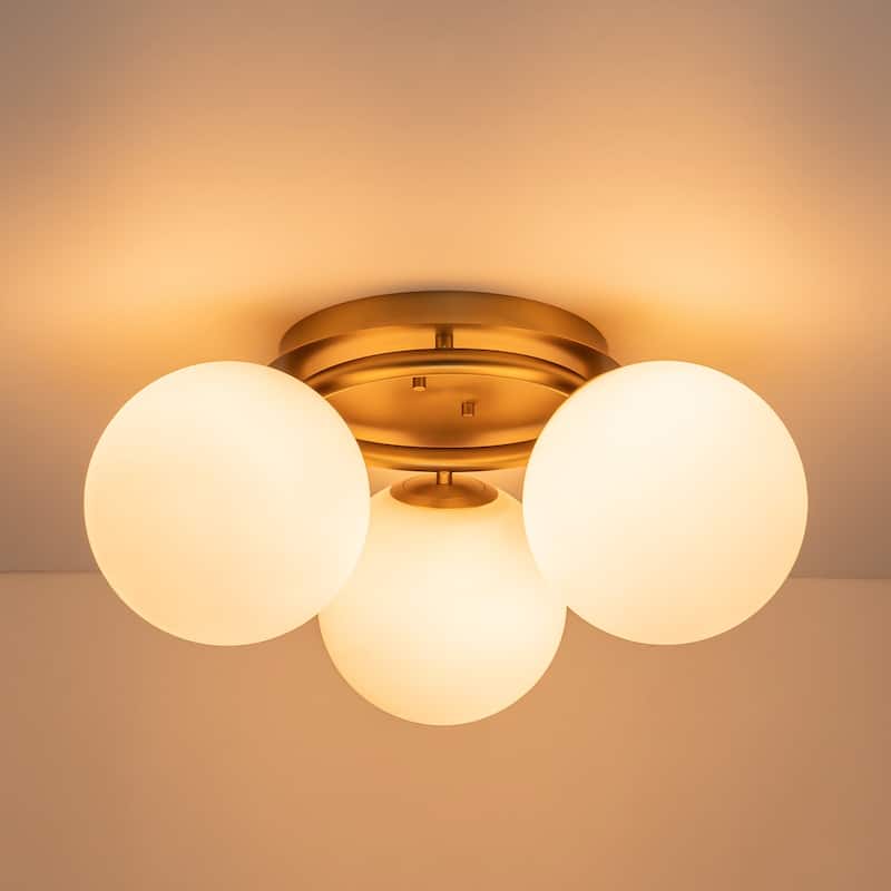 Modern 3-Light Flush Mount Ceiling Light with Opal Glass Globe Shades - Brass