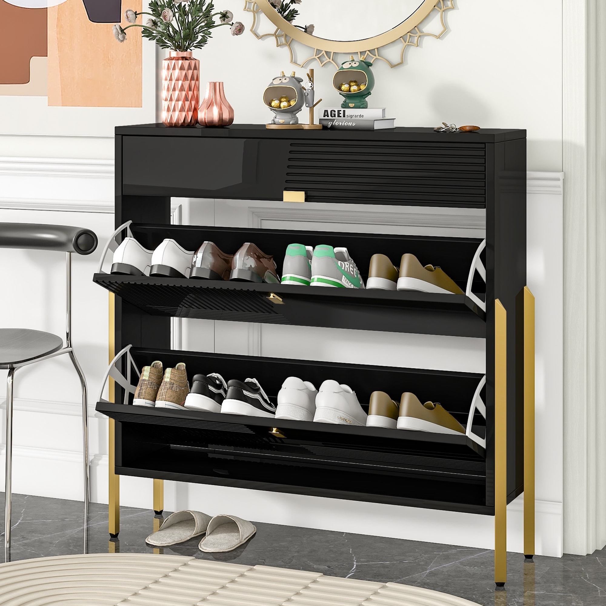 Shoe Cabinet with 2 Flip Drawers and Open Shelf,Free Standing Shoe