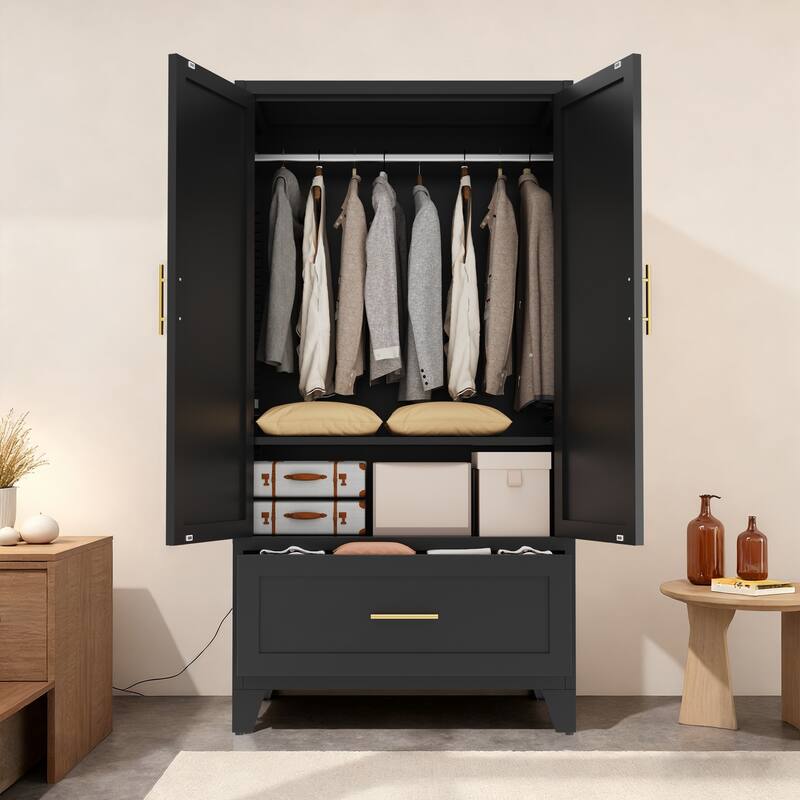 60" Tall Metal Wardrobe Cabinet with Drawer, Hanging Rod & Shelf, 2-Door Closet