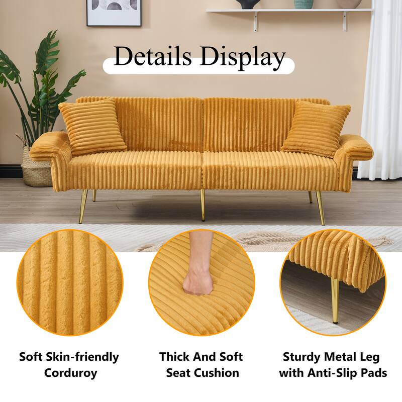 79" Corduroy Foldable Sofa Bed with 3-Position Armrests, High-Resilience Foam, and Metal Legs