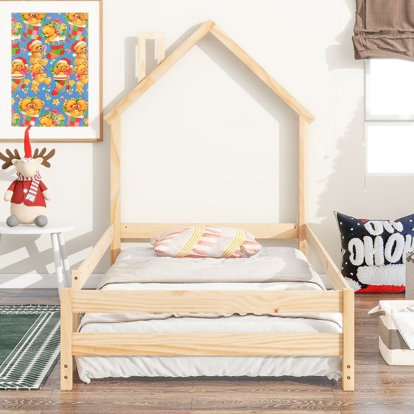 slide 2 of 9, Twin Size Montessori Floor Bed with Fences, Wood Twin Kids Bed Frame Natural - Twin