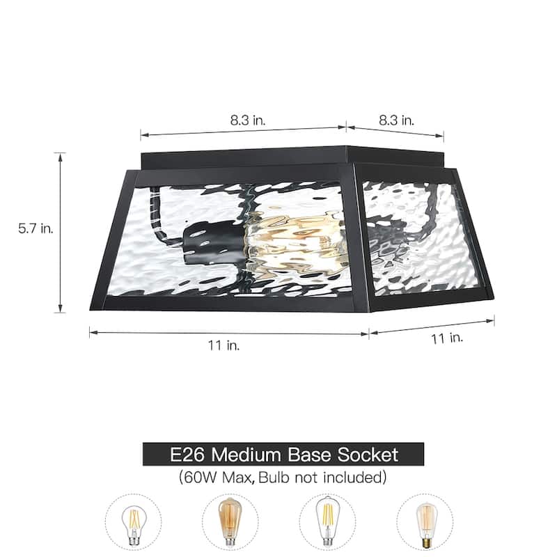 2-Light Black Outdoor Farmhouse Flush Mount Ceiling Light with Clear Water Glass - 11''W