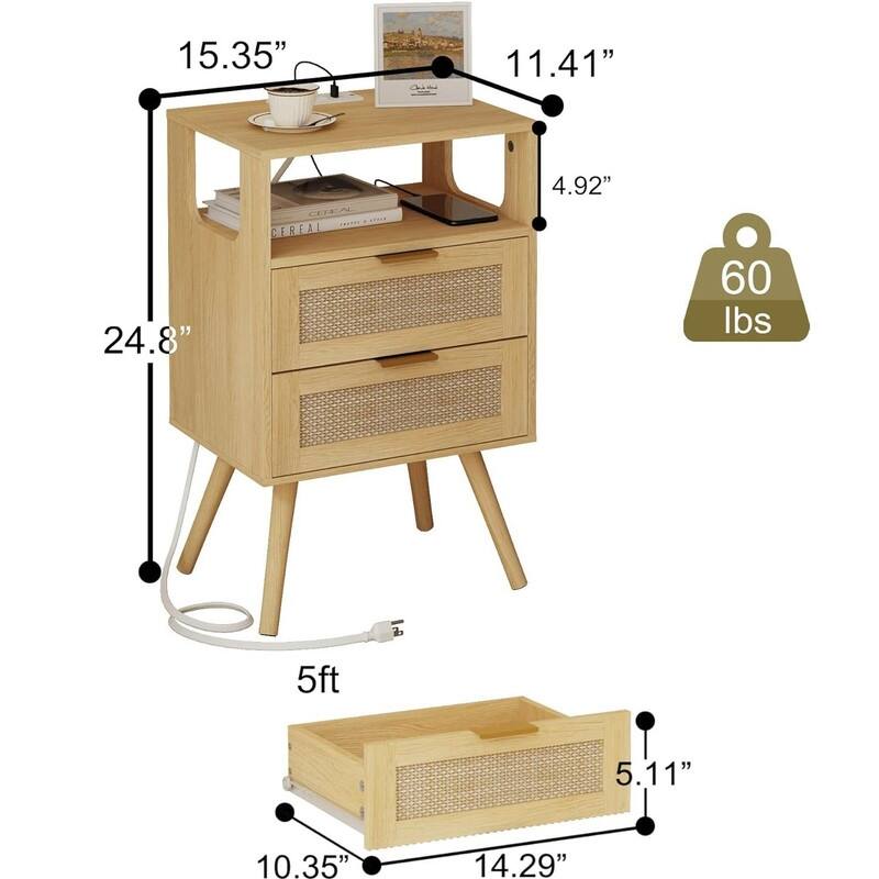 Rattan Nightstand with Chargers, Modern Nightstand with 2 Storage Drawers and Open Wooden Shelf