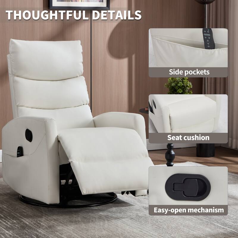 Manual Recliner Chair with Heat & Massage, Fabric Upholstered Glider Recliner Chair, Swivel Recliner Chair with Side Pockets - White
