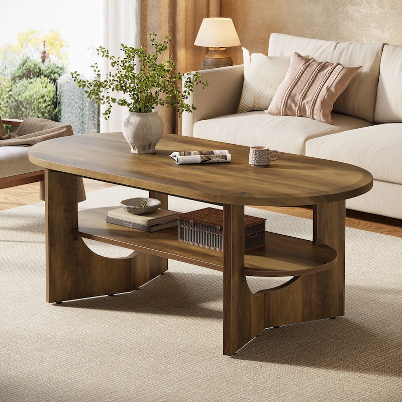 47.24" Oval Coffee Table with 2 Tiers of Shelves, Farmhouse Wooden Center Table - Brown
