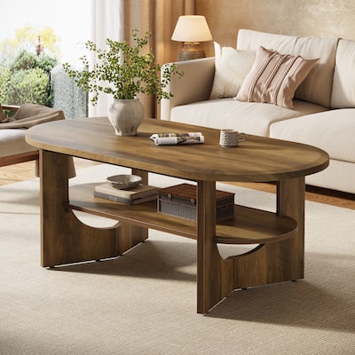 47.24" Oval Coffee Table with 2 Tiers of Shelves, Farmhouse Wooden Center Table