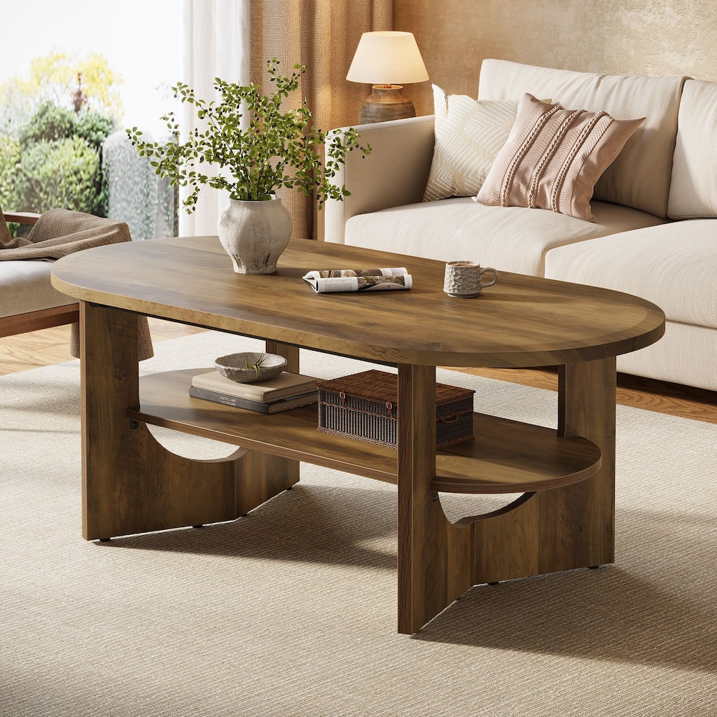 47.24" Oval Coffee Table with 2 Tiers of Shelves, Farmhouse Wooden Center Table