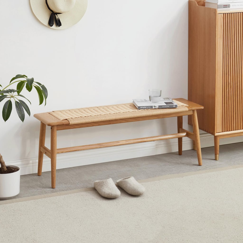 Natural Oak Wood Bench - Woven Design - Multi-Room Use
