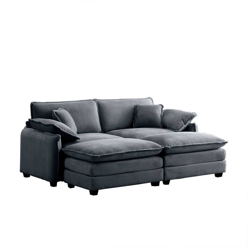 81" 2-Seater Sectional Sofa with 2 Ottoman Corduroy Upholstered Couch for Living Room, Apartment, Leisure Loveseat with Pillows
