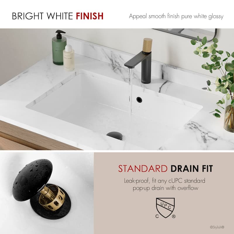 STYLISH 24.5 inches Rectangular Undermount Ceramic Bathroom Sink with 2 Overflow Finishes - 24.5 " x 16.5" x 6.5"