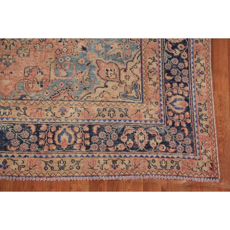 Medallion Pink Mashad Persian Vintage Area Rug Handmade Wool Carpet - 6'5" x 9'4"