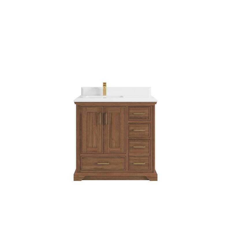 Willow Collections 36 in. W x 22 in. D Charlotte Teak Left Offset Sink Bathroom Solid Teak Vanity with Countertop - 1.5”White Quartz - Dark Natural