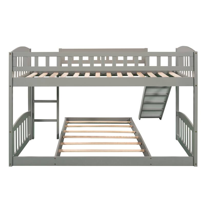 Low Bunk Bed Twin Over Twin, Wood Floor Bunk Bed with Slide and Ladder