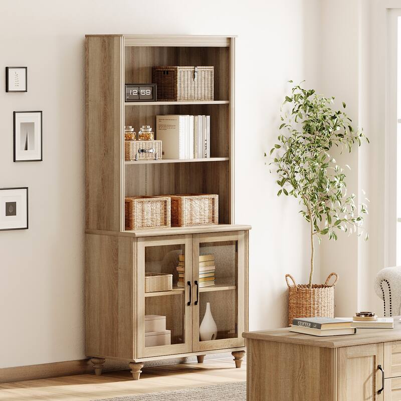 Oak Bookcase with Doors, Large Wood Farmhouse Book Case Shelf