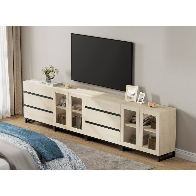 4 in 1 Modern Dresser with Glass Doors and 6 Drawers,Storage Cabinet with Adjustable Shelves, Chest of Drawers