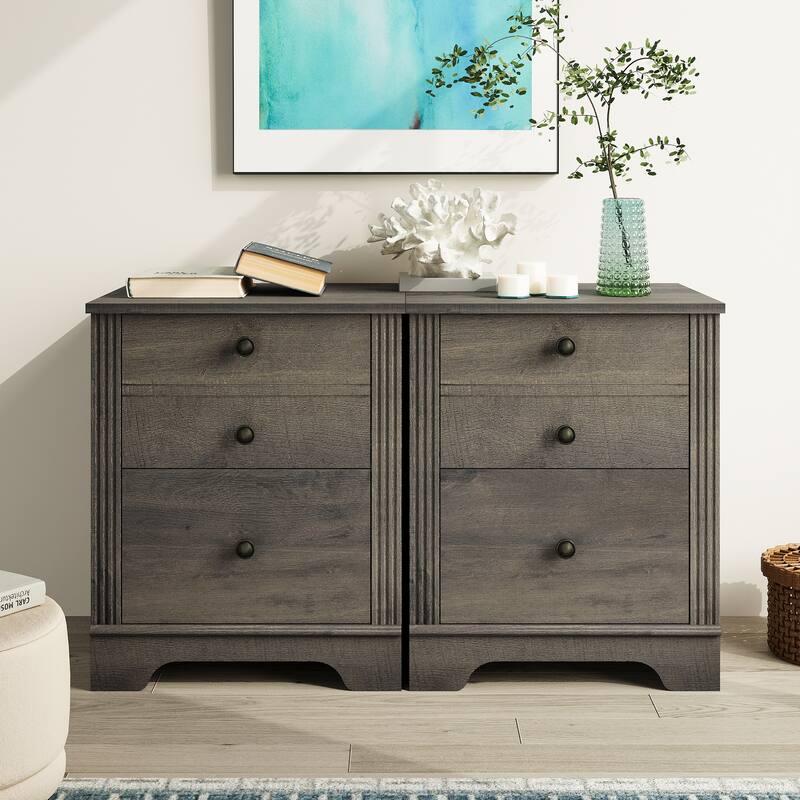 2 Drawer Wood End Table with Charging Station for Bedroom Living Room