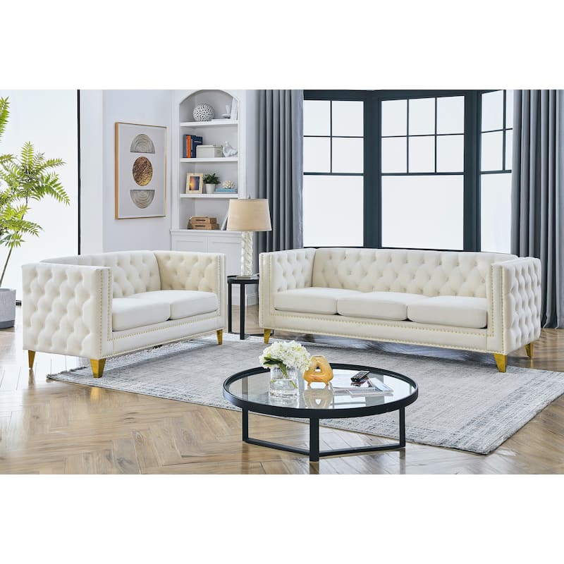 Roomfitters 5-Seater Velvet Sofa Set, 3+2 Chesterfield Square-Arm Tufted Couches with Nailhead Trim and Gold Legs