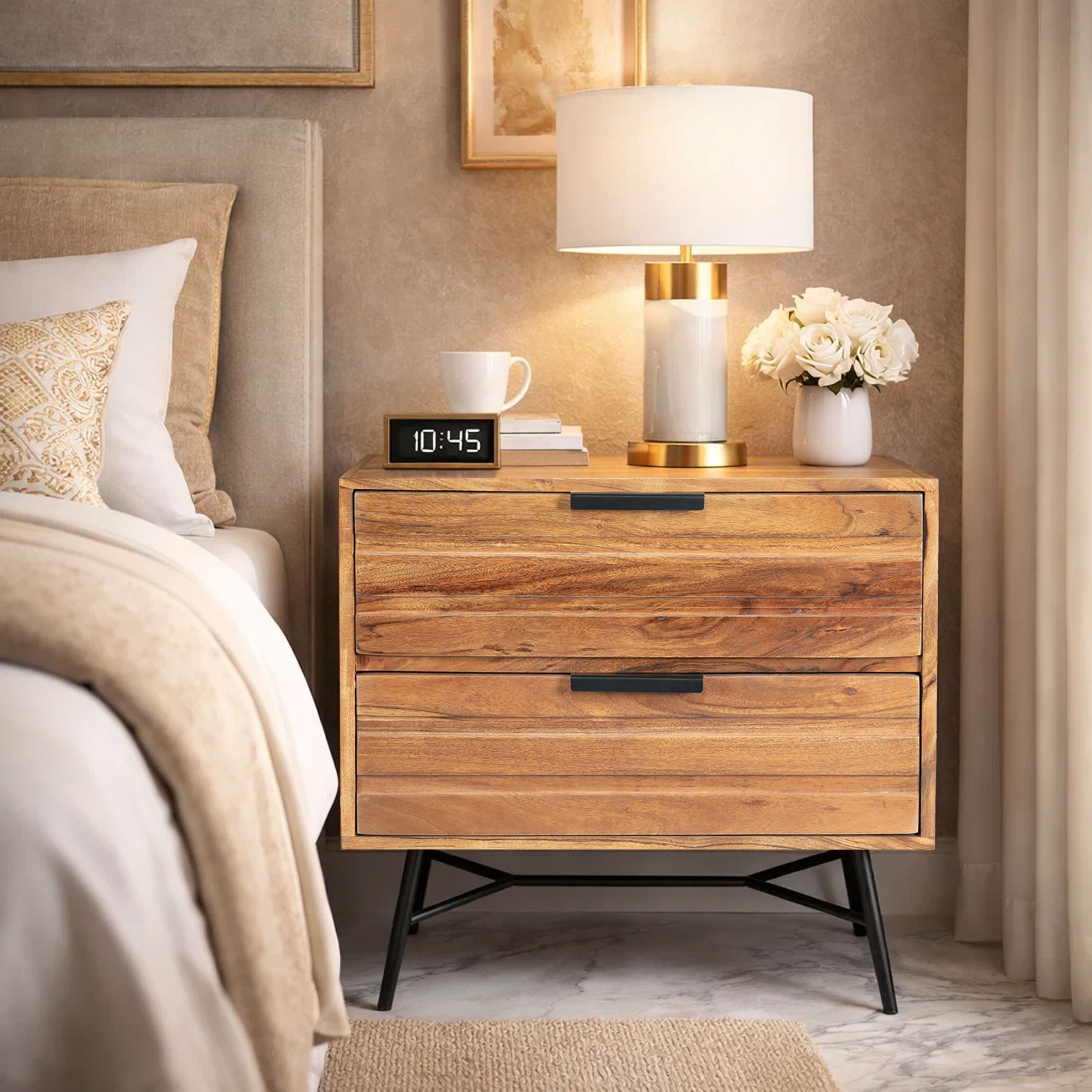2 Drawer Wooden Nightstand with Metal Angled Legs, Black and Brown