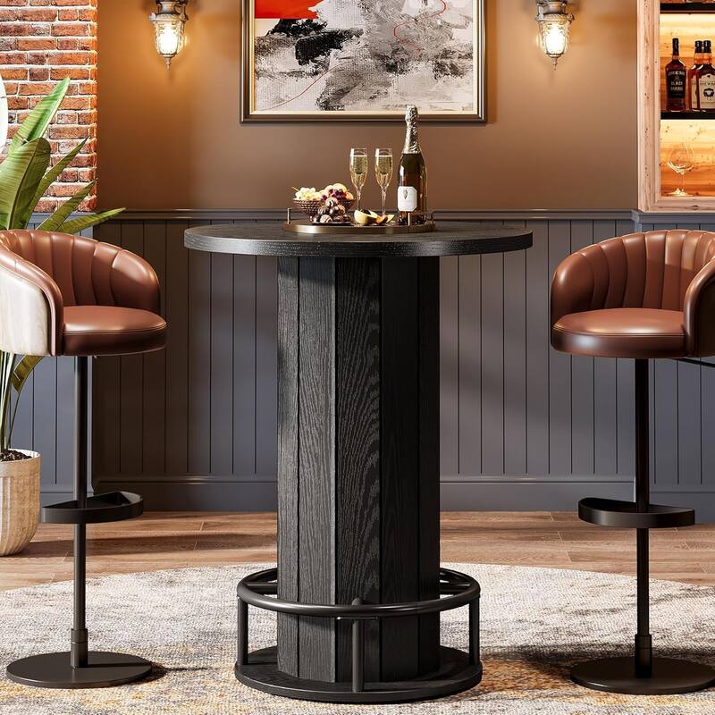39.4 Inches Wood Round Bar Table, Bistro Pub Table with Metal Ring Footrest - Black