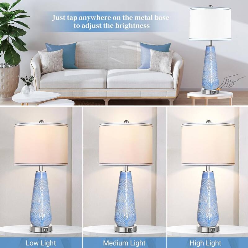 Modern Table Lamp Set of 2 Touch Control, 27" Tall Blue Art Ceramic Bedside Lamp with USB Ports, 3-Way Dimmable