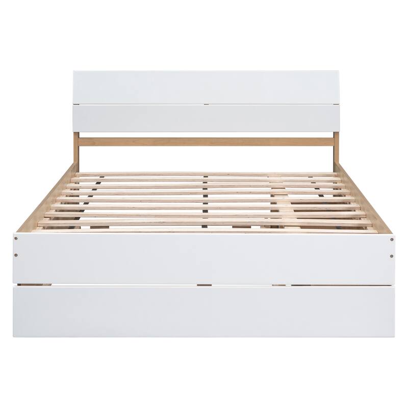 White High Gloss Full Bed Frame with Twin Trundle, 2 Storage Drawers & Light Oak Finish