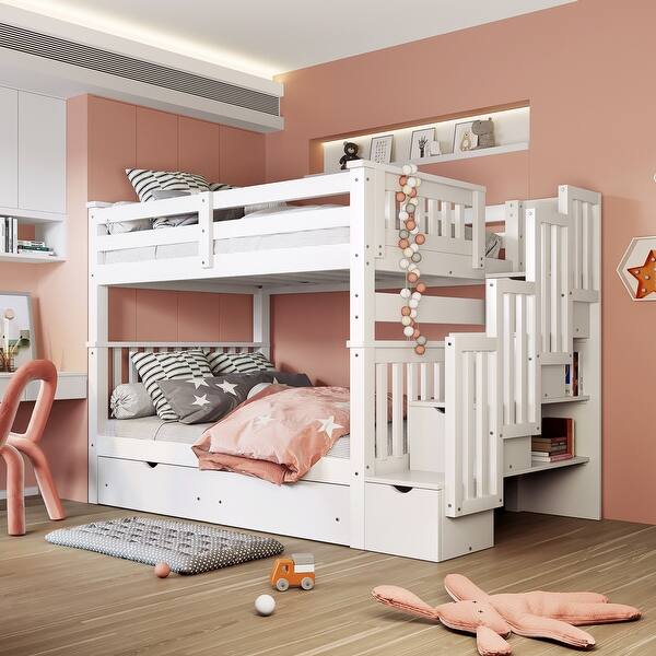 slide 2 of 13, Multifunctional Design Wood Bunk Bed with Stairway, Maximized Storage Space and Guardrail, White White