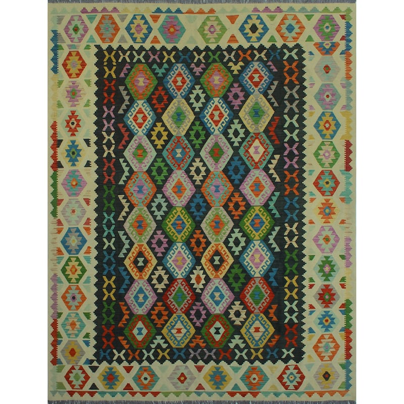 Hand-Woven Sangat Kilim Lizzie Charcoal/Ivory Rug - 8'3" x 11'1"