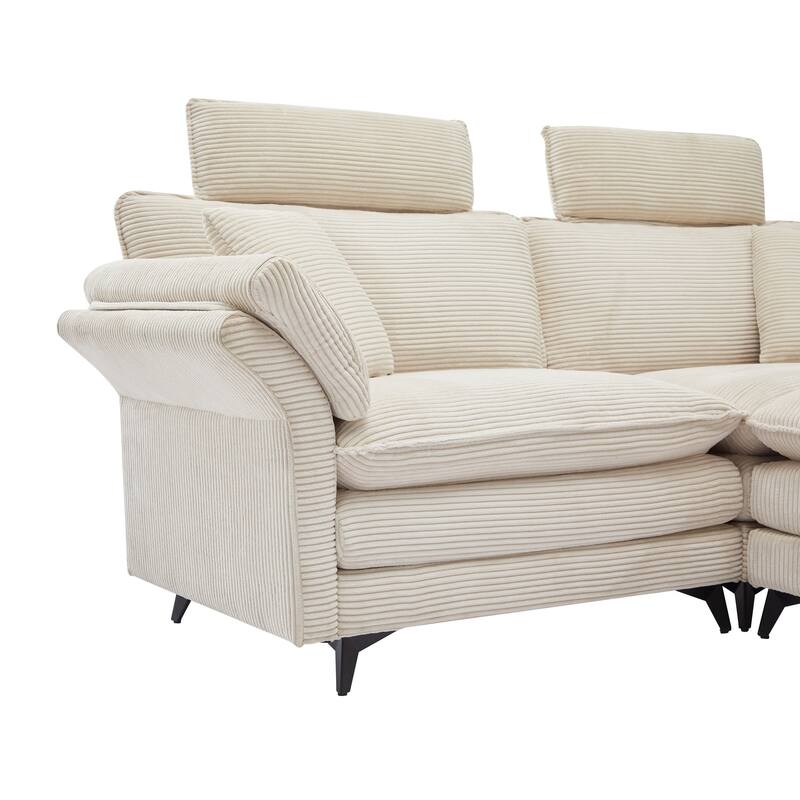 Corduroy Loveseat Sofa, Deep Seat Sectional Sofa wMovable Ottoman & 2 Pillows Upholstered Tufted Couch for Living Room