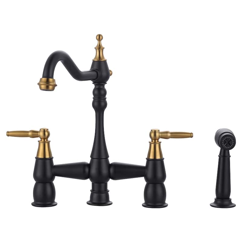 WOWOW 4 Hole Double Handle Bridge Kitchen Faucet with Side Sprayer - Gold and Black