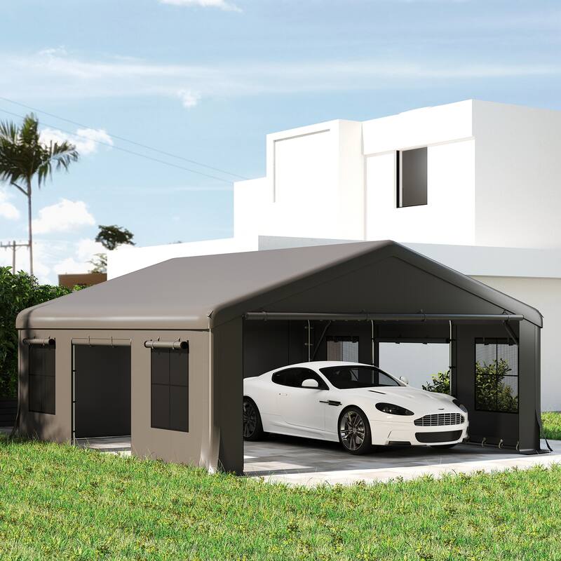 Outsunny 20' x 20' Heavy Duty Carport, Portable Garage Car Canopy Tent with Reinforced Galvanized Frame,Dark Gray