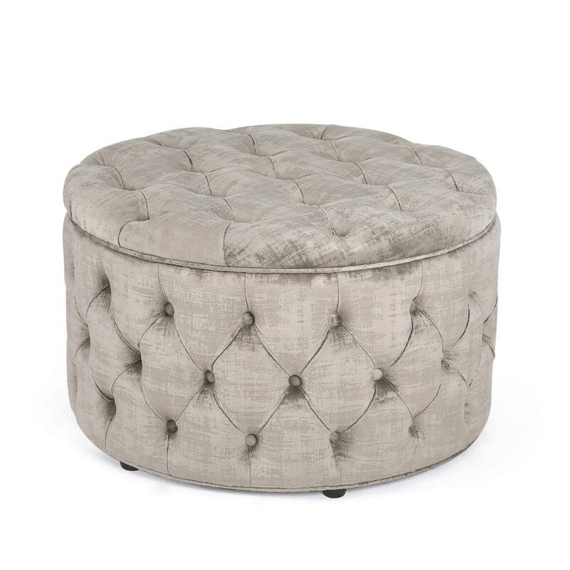 Adeco Round Velvet Storage Ottoman, Button Tufted Footrest Stool